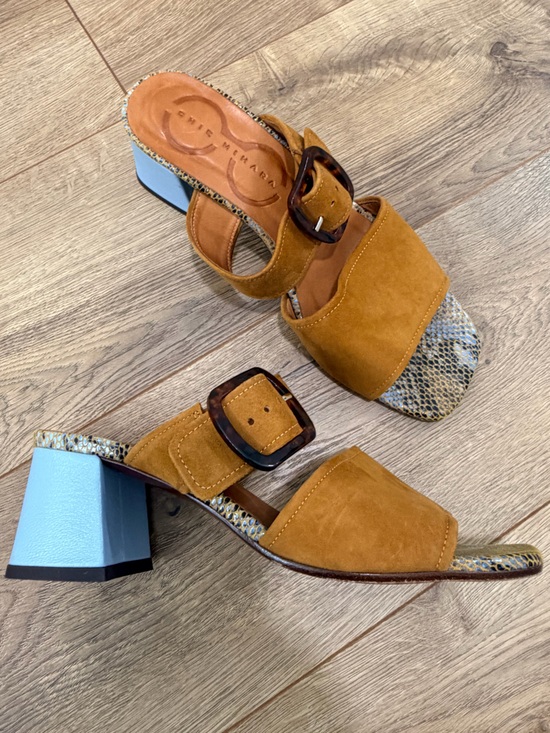 Chie Mihara Shoes - CHIE MIHARA Linka sandal in snake, suede with blue heel